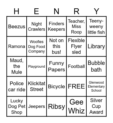 Henry Huggins by Beverly Cleary Bingo Card