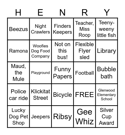 Henry Huggins by Beverly Cleary Bingo Card