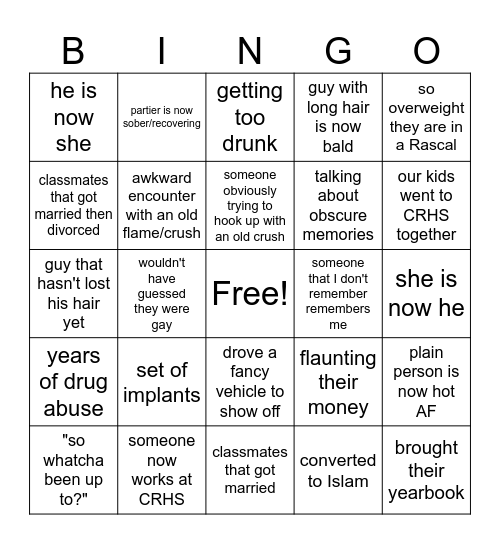 Reunion Bingo Card