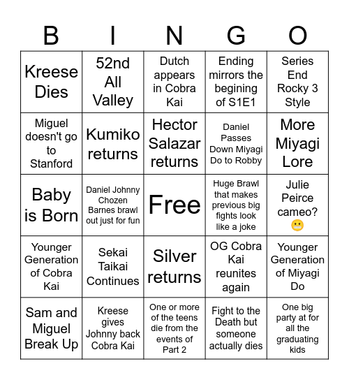 Cobra Kai Part 3 Bingo Card