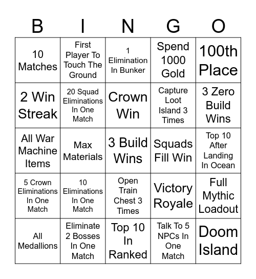 Fortnite Bingo Card