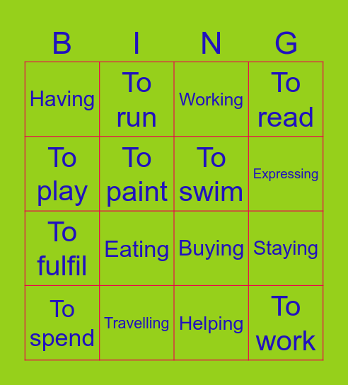 INFINITIVE AND GERUND Bingo Card