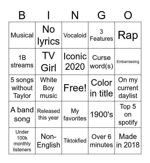 Liked songs bingo Card