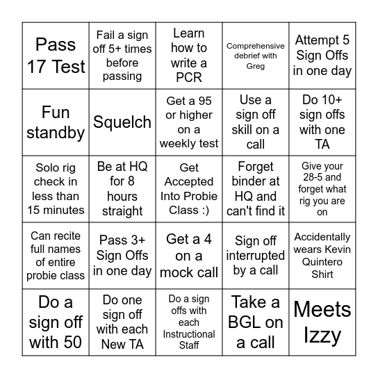 Fall 2024 Probie Bingo Card