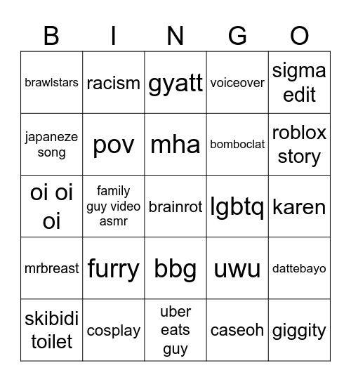 cringe bingo Card