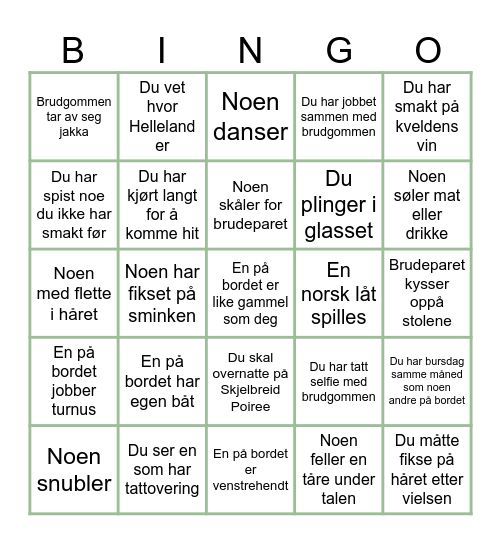 Bryllupsbingo Card