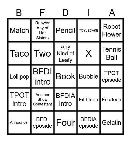 BFDI Character Bingo Card