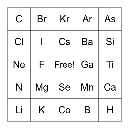 Periodic Table BINGO Card