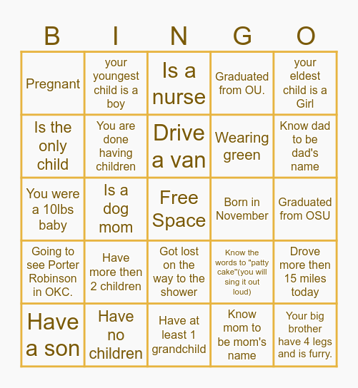 Baby Bingo Card