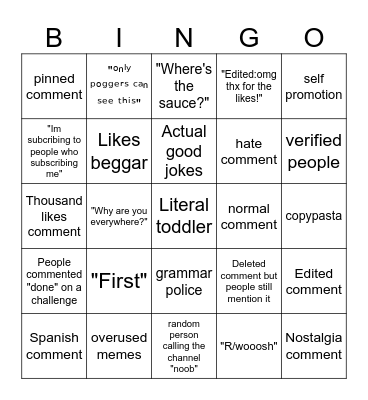 Youtube comment and reply section bingo Card