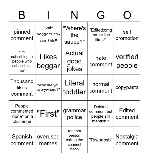 Youtube comment and reply section bingo Card