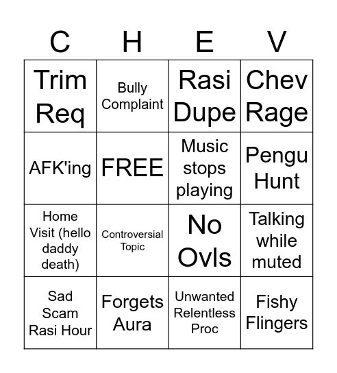 Chev Stream Bingo Card