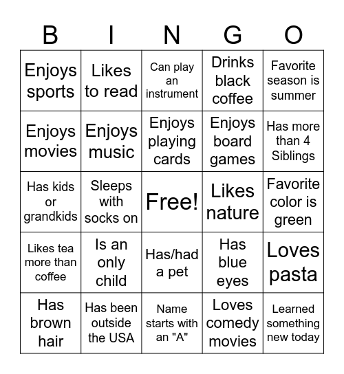 Get to Know You BINGO Card