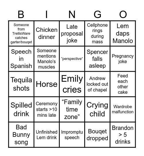 E & M 💒 Bingo Card