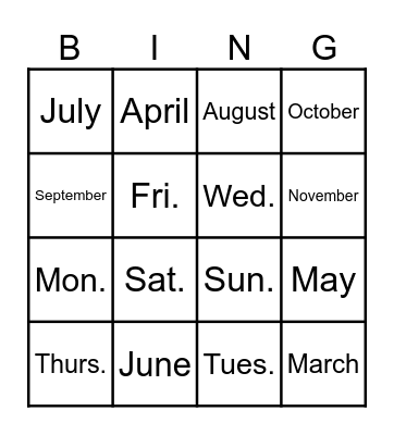 Days & Months Bingo Card