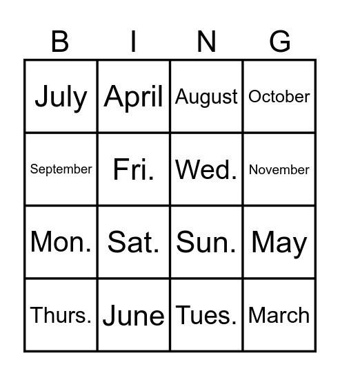 Days & Months Bingo Card