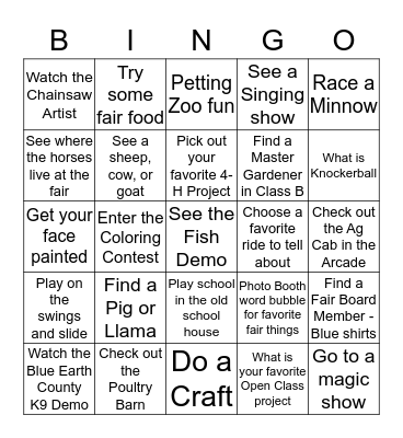 Blue Earth County Kid's Day Bingo Card