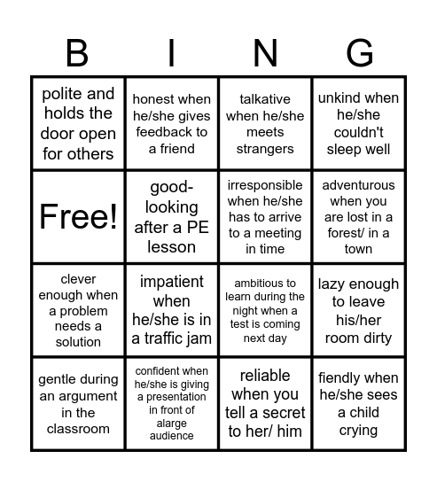 Personality Bingo Card