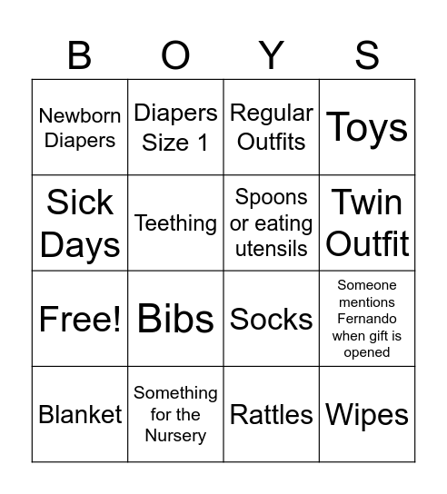 Baby Shower Bingo Card