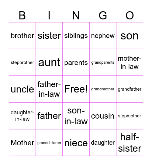 Family Bingo Card