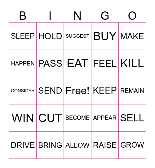 Verbs Bingo Card