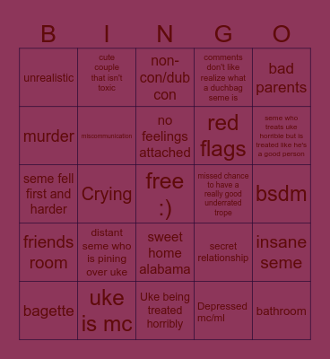 Yaoi Bingo Card