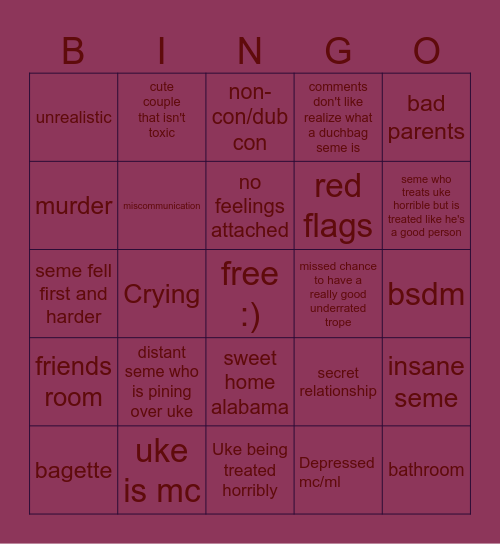 Yaoi Bingo Card