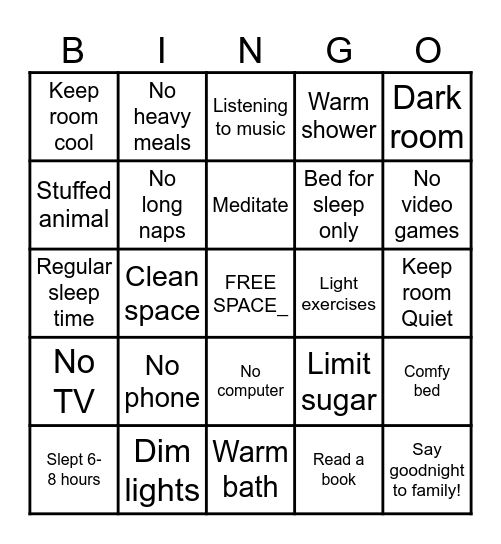 Creating a good night routine! Bingo Card