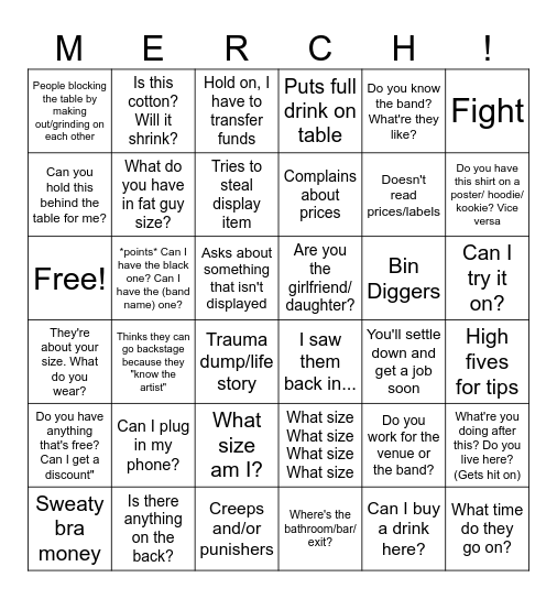 The ultimate merch bingo Card