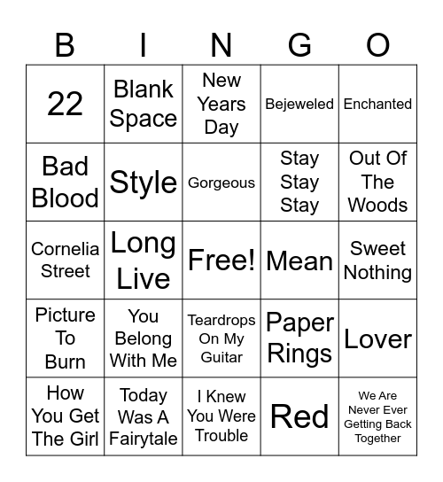 Taylor Swift SINGO Bingo Card