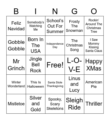 Holiday Hits SINGO Bingo Card