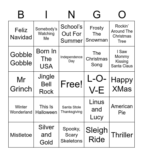Holiday Hits SINGO Bingo Card