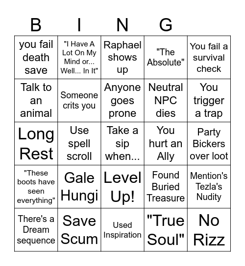Baldur's Gate 3 drinking game Bingo Card