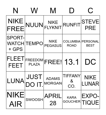 NIKE WOMEN'S MARATHON HALF PARTY! Bingo Card