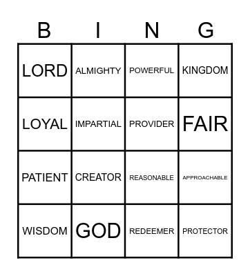 Jehovah's Attributes Bingo Card