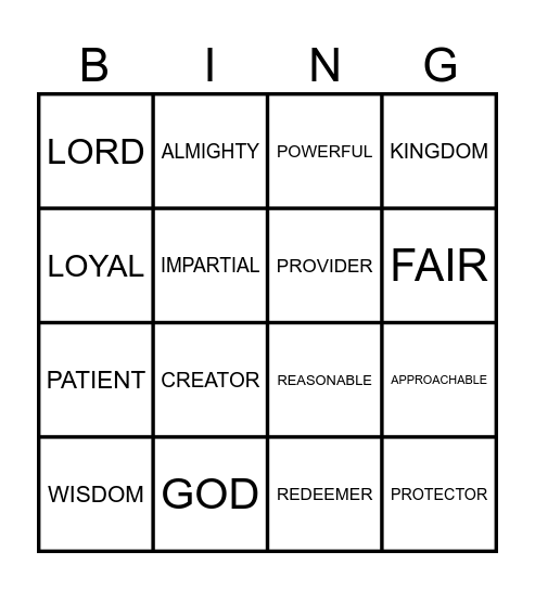 Jehovah's Attributes Bingo Card