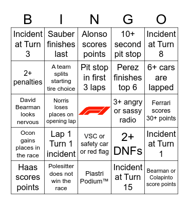 F1 Bingo - Azerbaijan 2024 Bingo Card