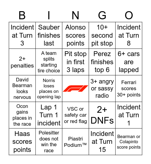 F1 Bingo - Azerbaijan 2024 Bingo Card