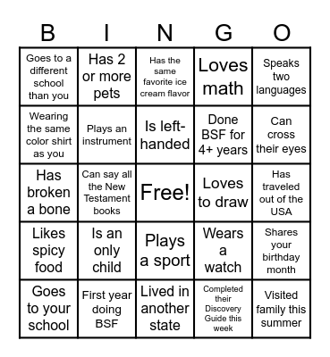 Get to know your BSF friends Bingo Card