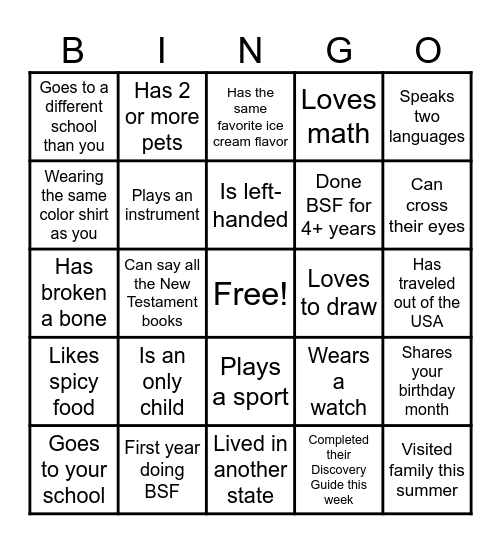 Get to know your BSF friends Bingo Card