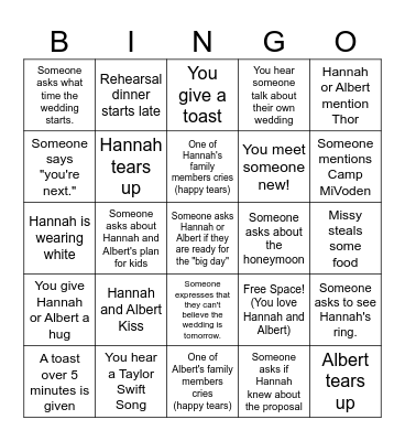 Wedding Rehearsal Bingo Card