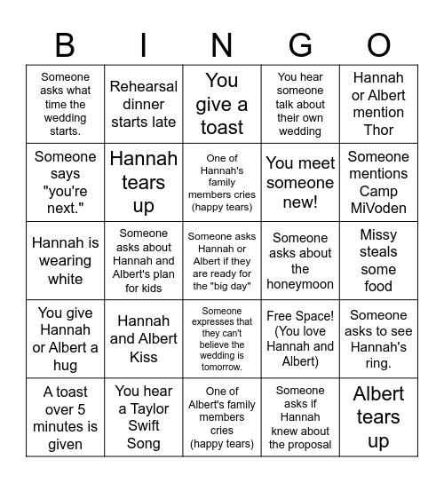 Wedding Rehearsal Bingo Card