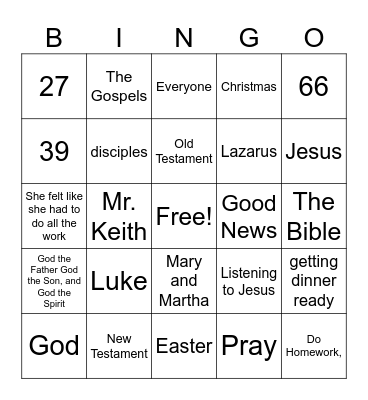 Mary and Martha Bible Lesson Bingo Card