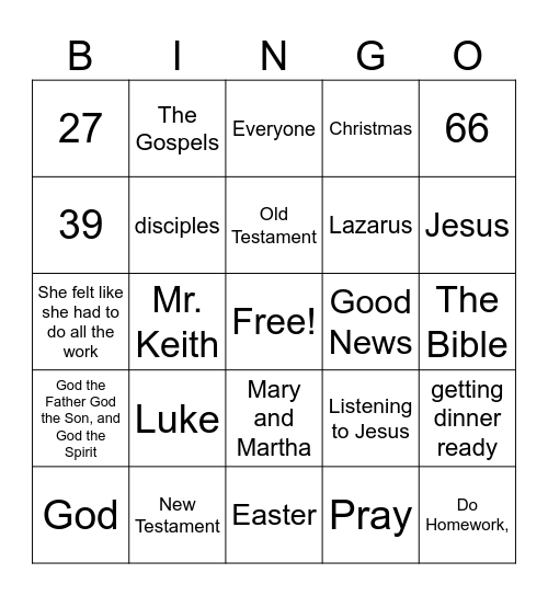 Mary and Martha Bible Lesson Bingo Card