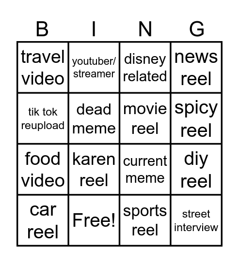 Instagram reel bingo Card