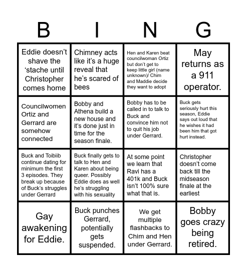 9-1-1 Season 8 Bingo Card