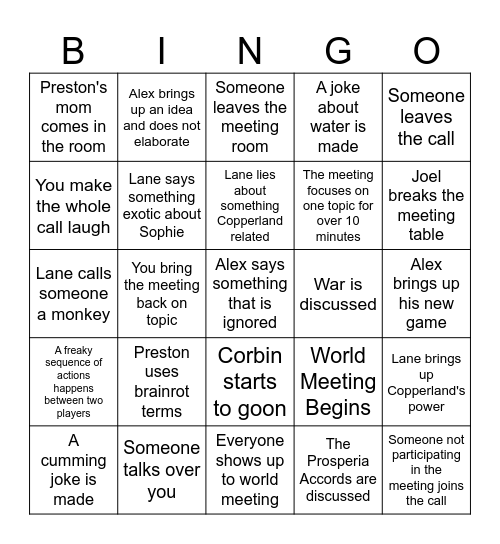 Copperland Server World Meeting Bingo Card