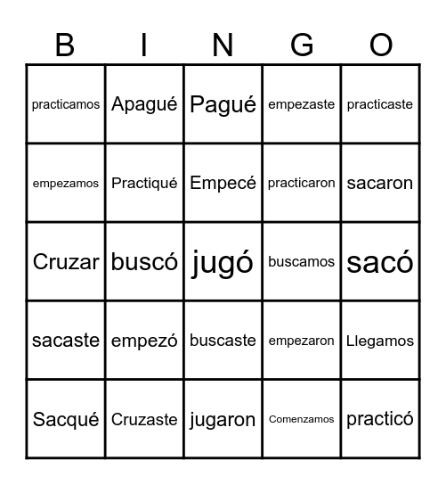 CAR GAR ZAR VERBS Bingo Card