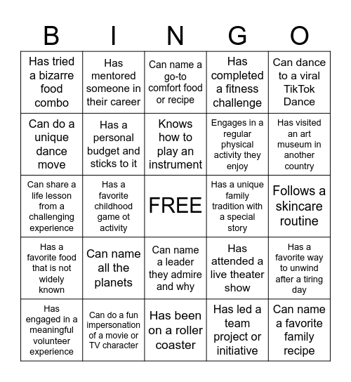 UNIQUE FACTS Bingo Card