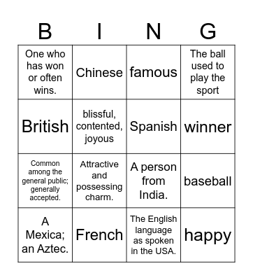 Vocabulary Bingo Card